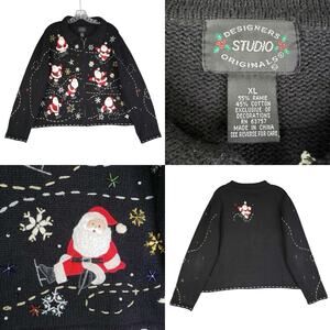 Designers Studio Originals Vtg Sweater Black XL Christmas ugly Santa Ice Skating